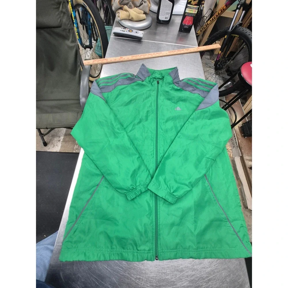 Adidas Windbreaker Jacket Full Zip Green‎ Gray Striped Lightweight Sportswear